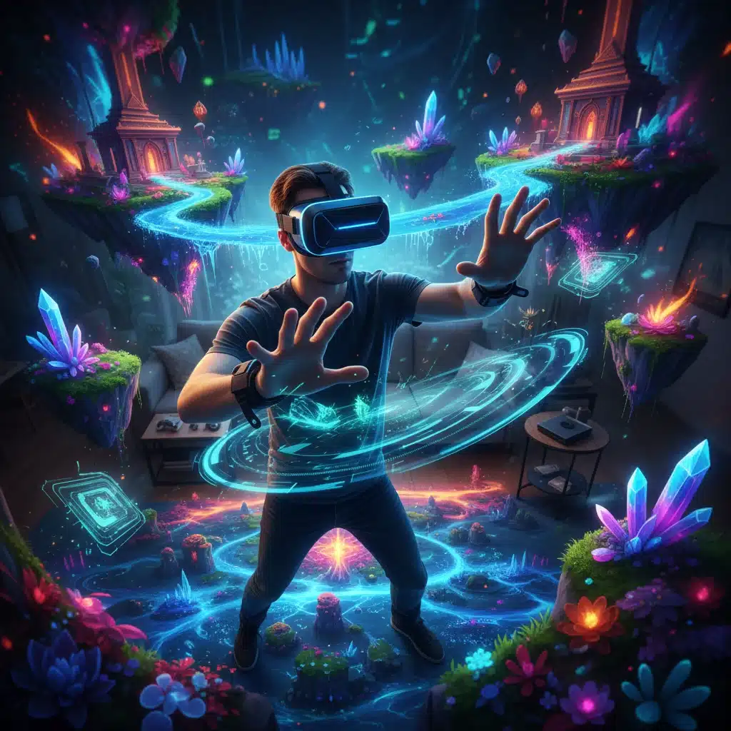 User deeply immersed in a virtual reality storytelling experience