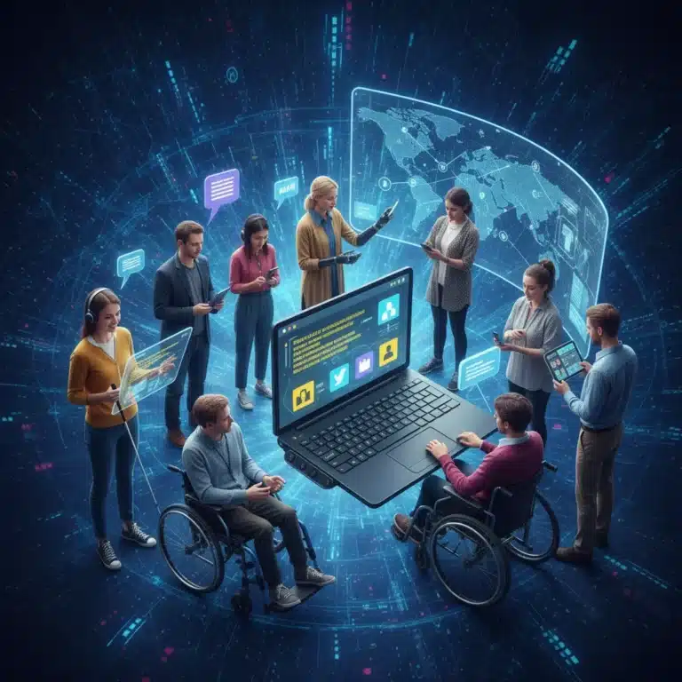 Diverse individuals using accessible digital devices, symbolizing inclusive online experience.