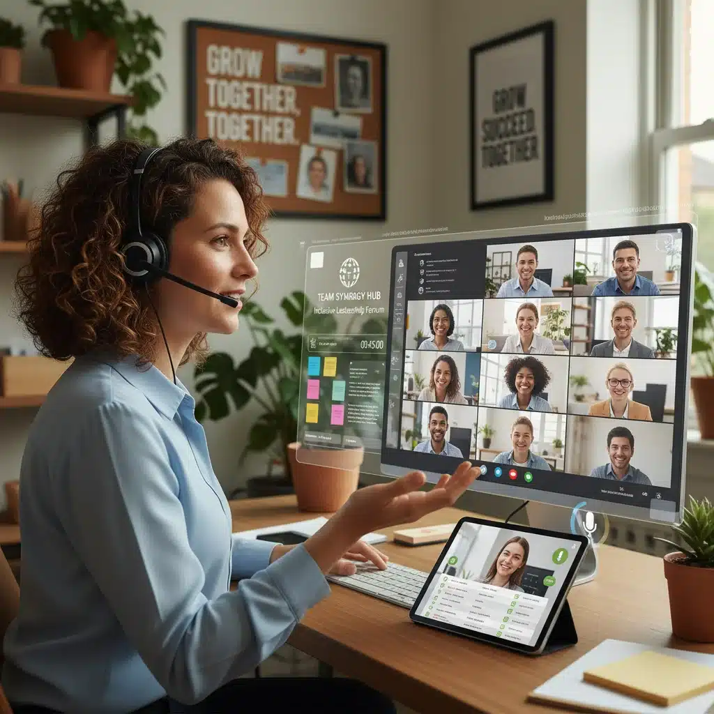 Inclusive leader facilitating an engaging virtual team meeting, demonstrating effective remote leadership.