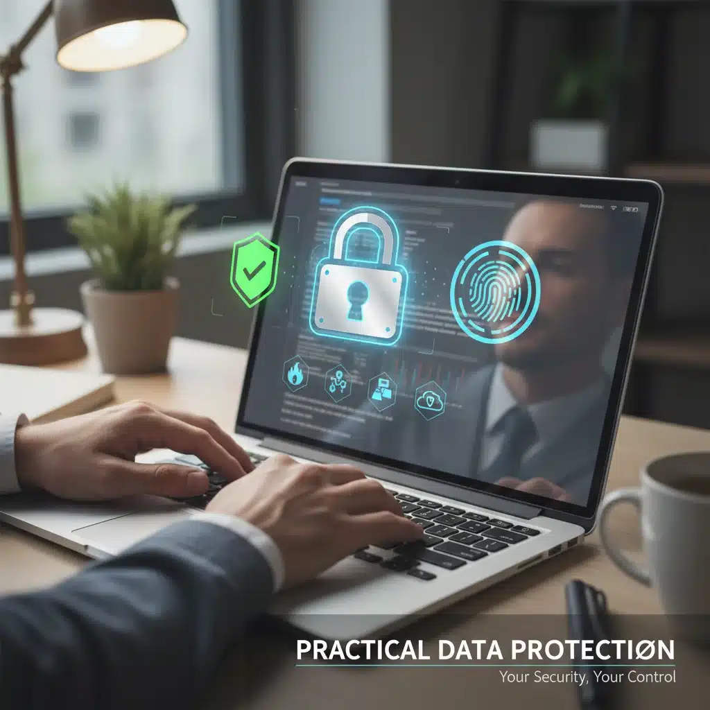 Person using a laptop with security icons, representing individual data protection measures.