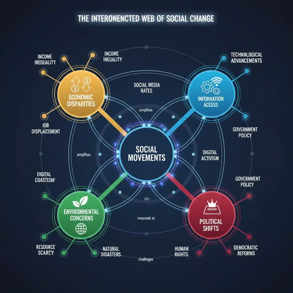 Infographic illustrating the interconnected factors driving social movements, including economic, technological, environmental, and political influences.