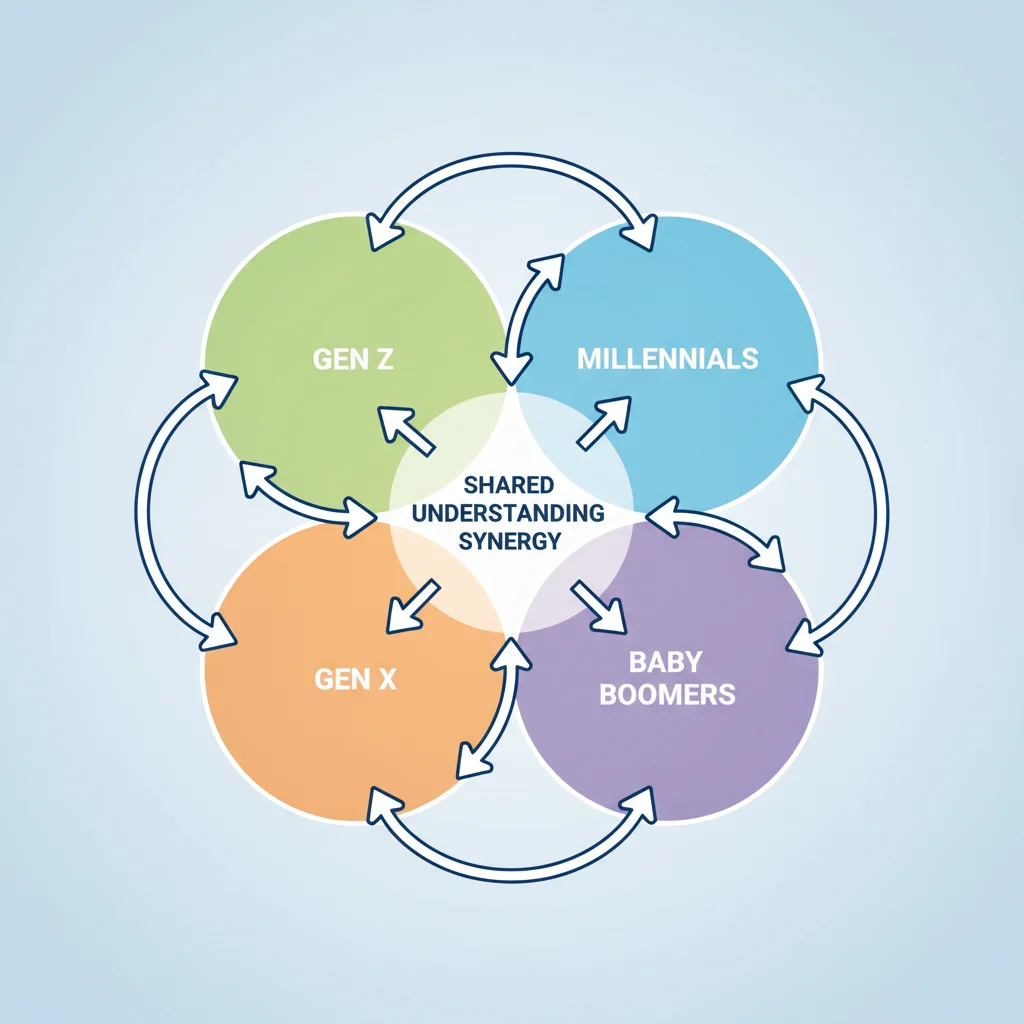 Infographic showing overlapping generational communication with shared understanding at the center.