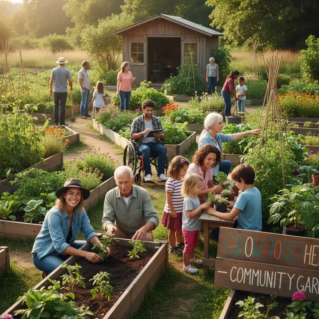 Multi-generational group collaborating in a community garden, emphasizing shared purpose.