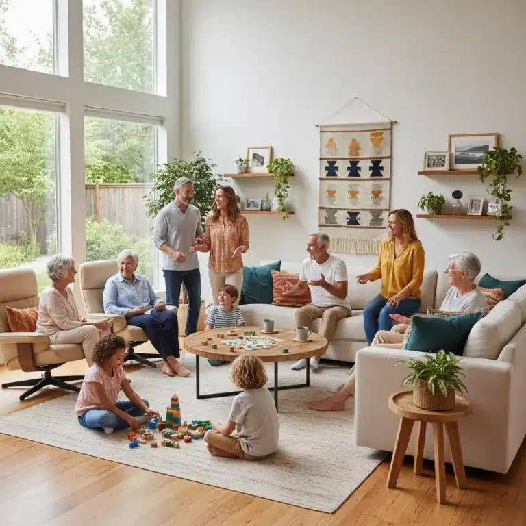 Multi-generational family happily coexisting in a modern home
