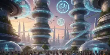 Futuristic cityscape with digital connections and diverse people symbolizing January 2026 social trends in community development.
