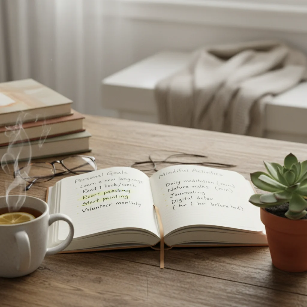 Journal with personal goals, tea, and plant, symbolizing mindful living post-detox