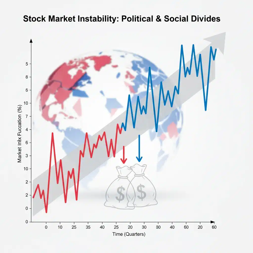 Stock market volatility graph showing impact of social divides.