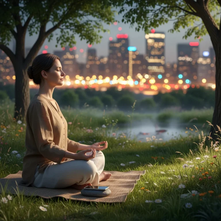 Person meditating in park, symbolizing digital detox benefits