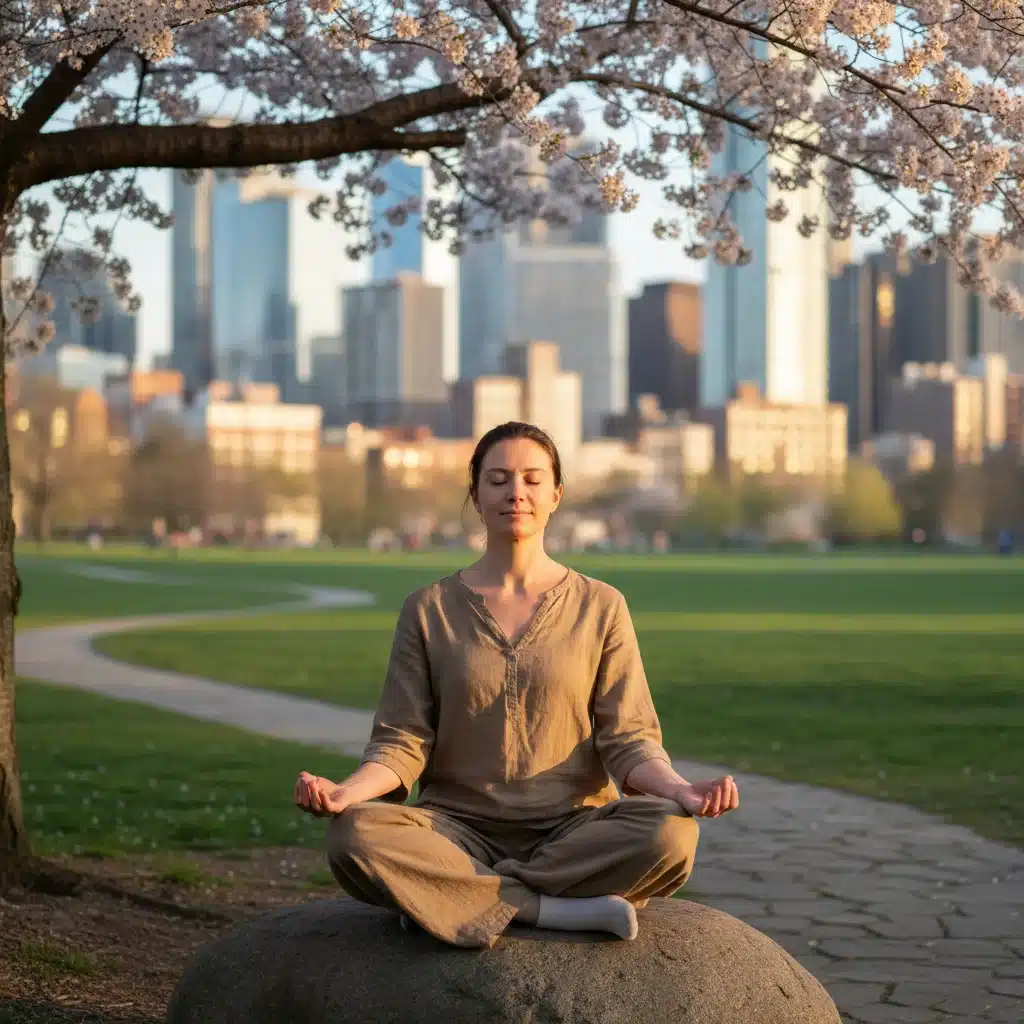 Person meditating for stress management and mental well-being in an urban park