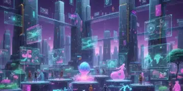 Futuristic metaverse cityscape with diverse avatars interacting digitally.