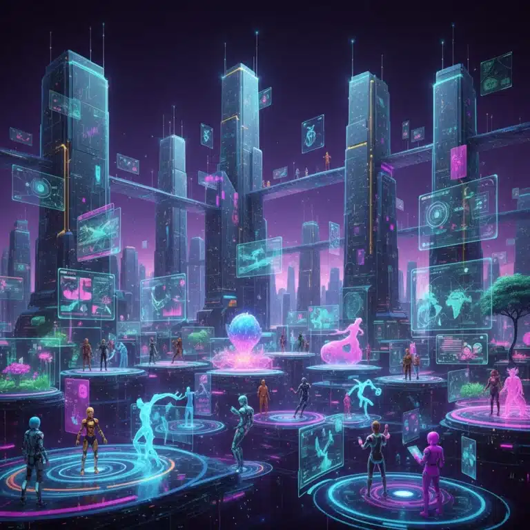 Futuristic metaverse cityscape with diverse avatars interacting digitally.