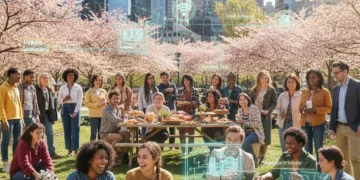 Diverse group engaging in micro-community activities in a park for local engagement, spring 2026