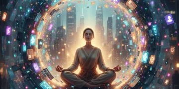 Mindful Consumption 2026: Digital Clutter & Well-being Solutions Person meditating amidst digital clutter, symbolizing mindful consumption and digital well-being.