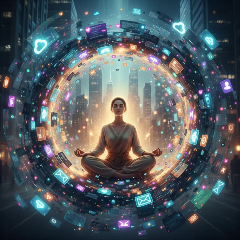 Person meditating amidst digital clutter, symbolizing mindful consumption and digital well-being.