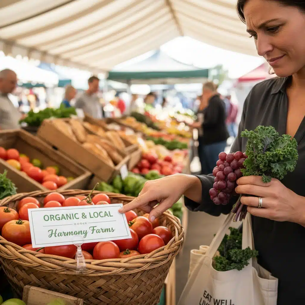 Person making mindful food choices at a bustling farmers market