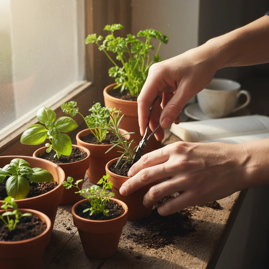 Hands tending to an indoor herb garden, symbolizing mindful engagement and connection to nature.