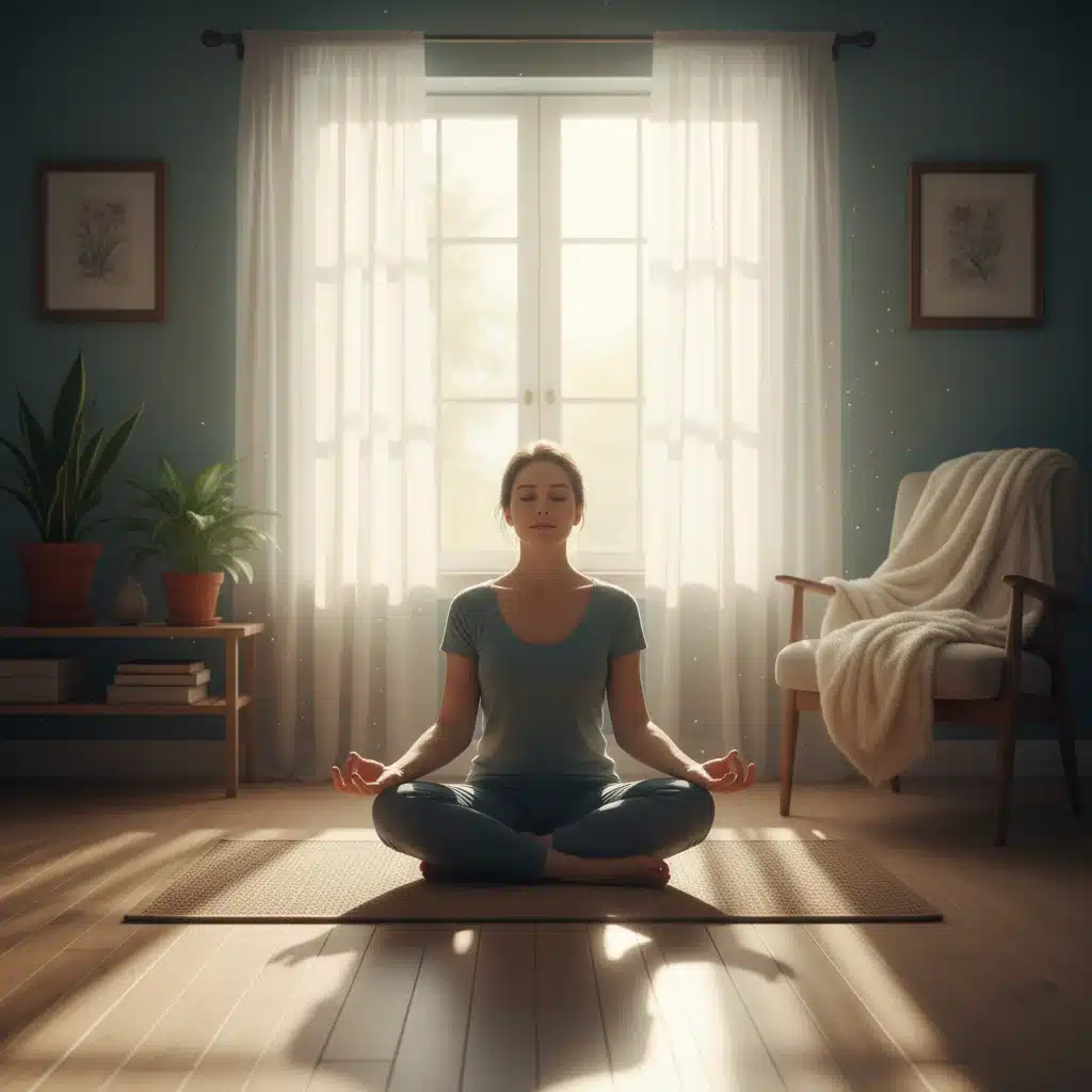 Individual meditating in a peaceful, sunlit room, promoting morning mindfulness.