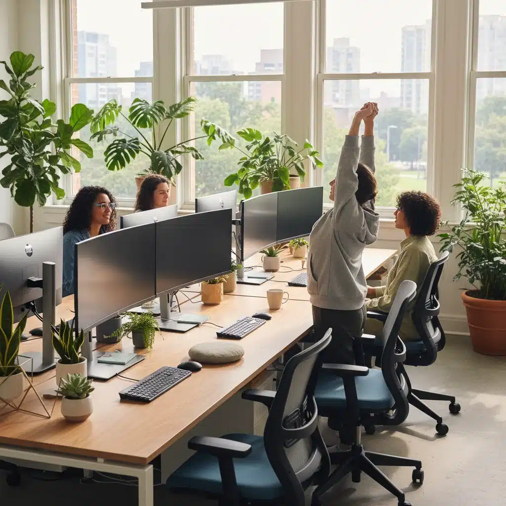Employees practicing mindful technology use in a modern office, incorporating green spaces and ergonomic setups for well-being.