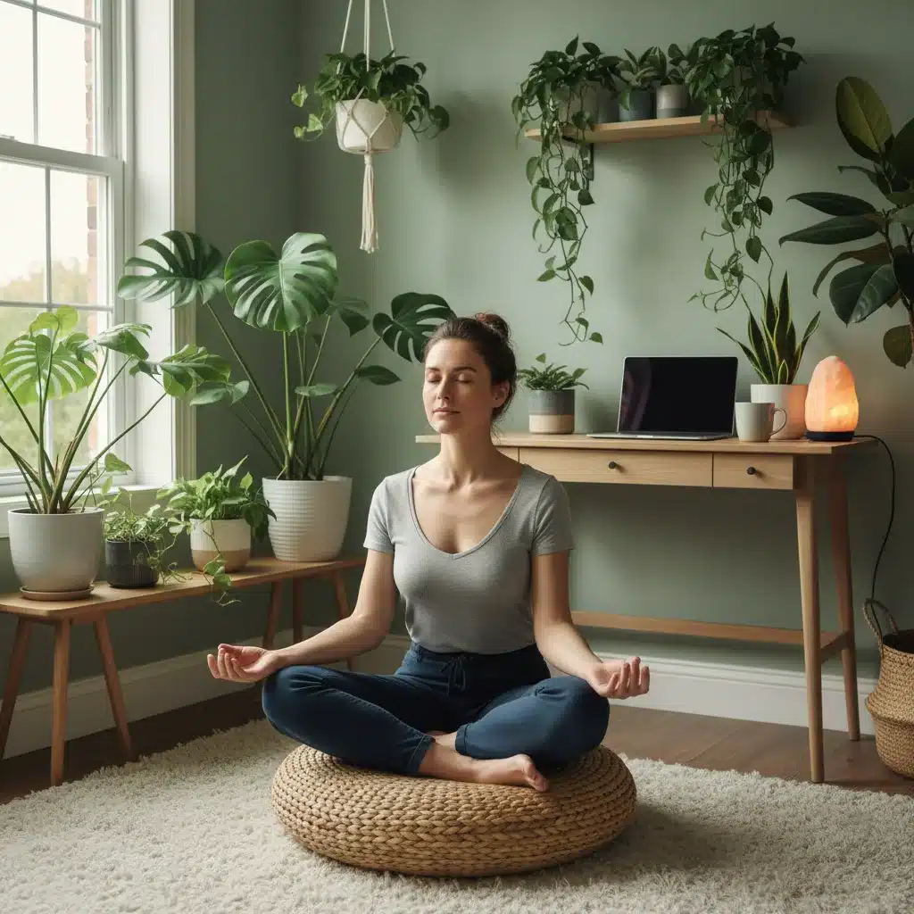 Person practicing mindfulness in a home office, emphasizing mental well-being in remote work.