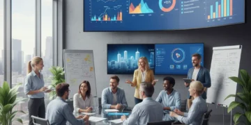Professionals collaborating in a modern office, symbolizing new workplace dynamics and future success.