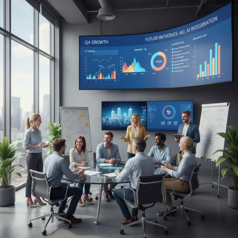 Professionals collaborating in a modern office, symbolizing new workplace dynamics and future success.