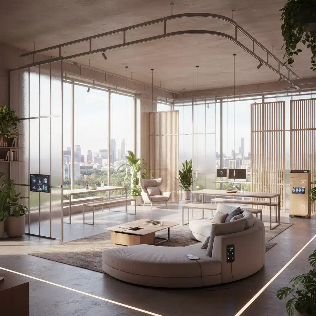Modular living space with reconfigurable walls and smart furniture for adaptable personal boundaries