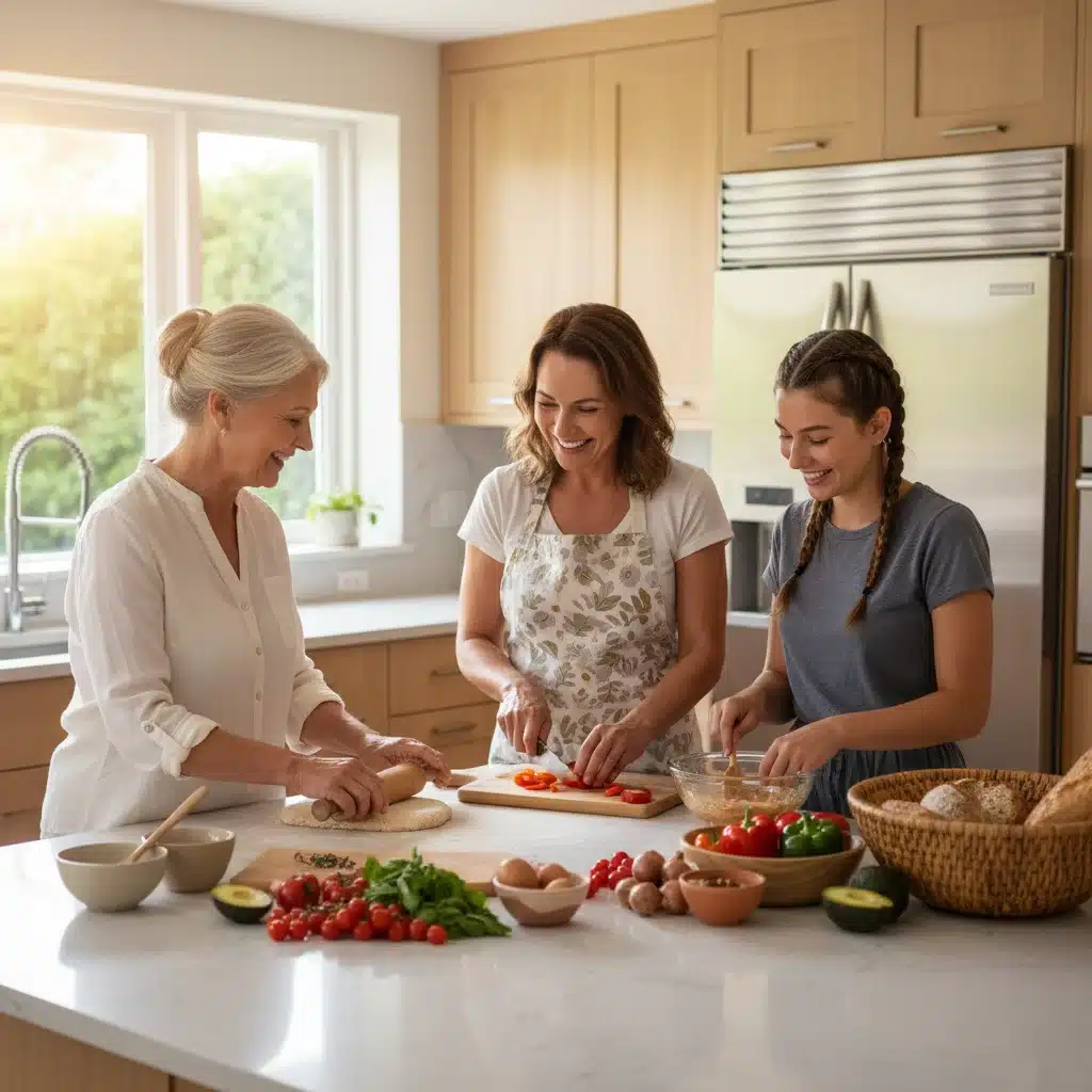 Three generations cooking together in a modern kitchen