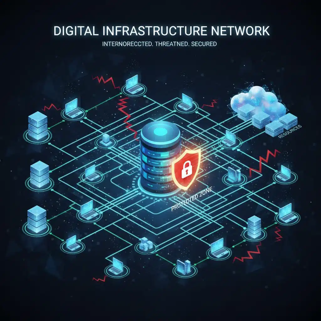 Interconnected digital network with a security shield protecting central server.