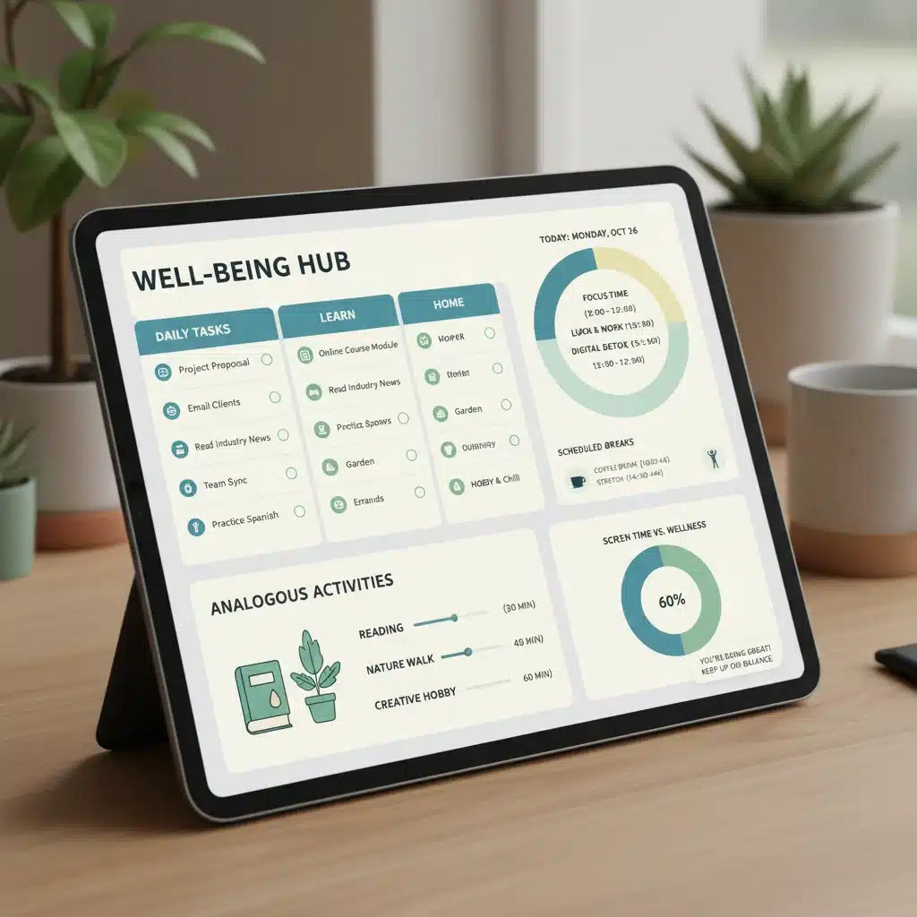 Digital dashboard showing organized tasks and scheduled breaks