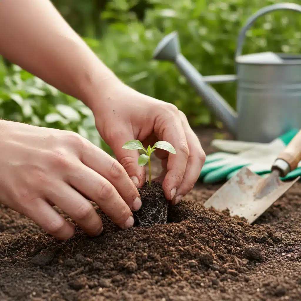 Hands planting a young seedling in fertile soil, representing gardening and sustainability