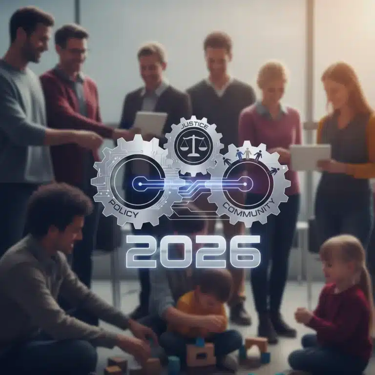 Illustration of policy gears and diverse community for social equity 2026