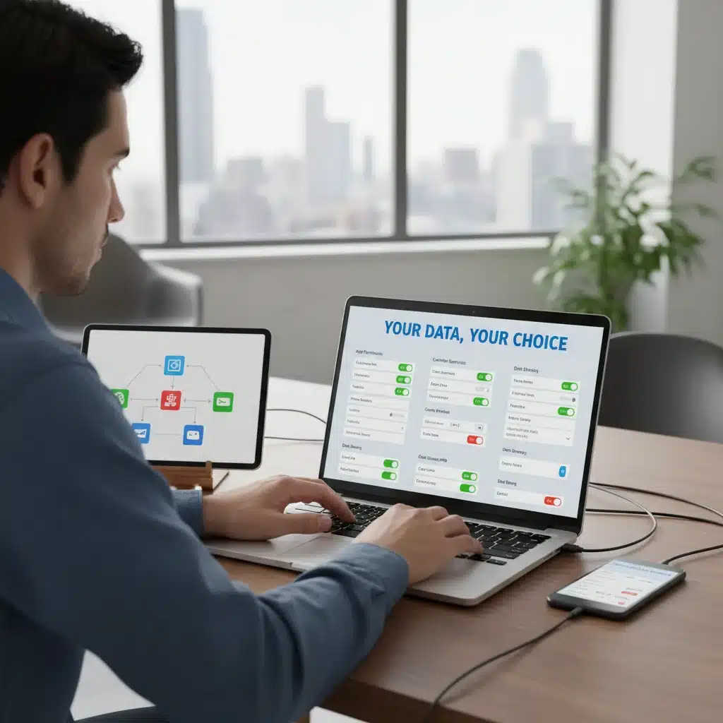 Individual reviewing and adjusting privacy settings on a laptop for data protection.