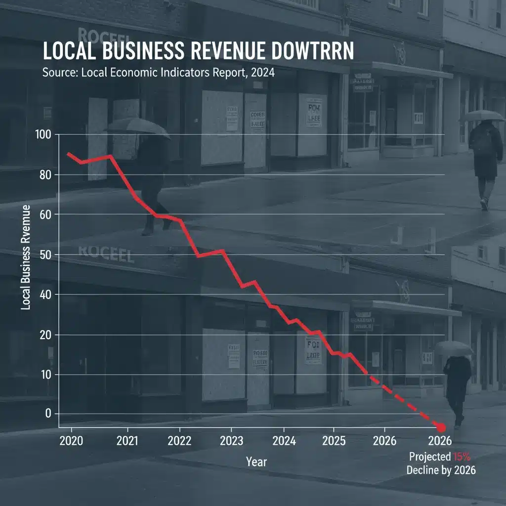 Graph illustrating a projected 15% decline in local commerce revenue due to social fragmentation.