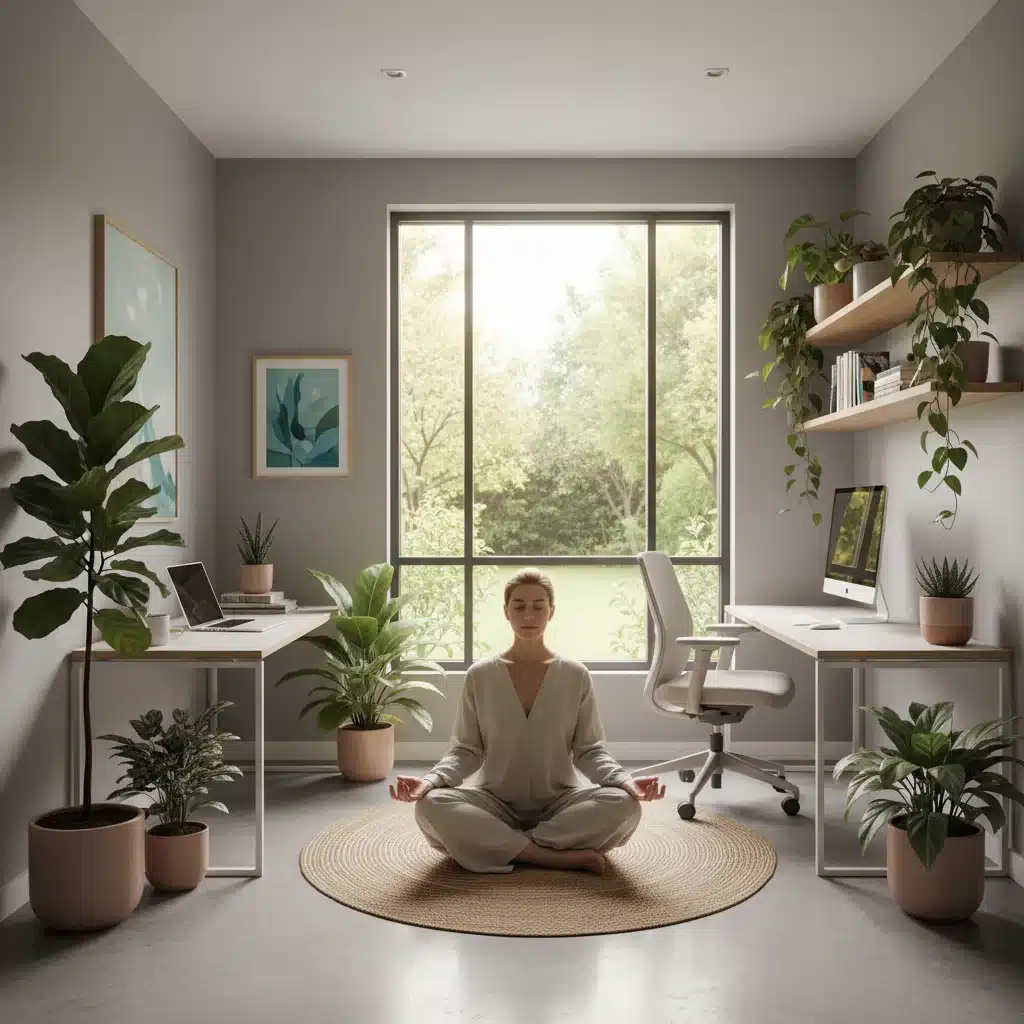 Person meditating in a home office, embodying purpose and well-being in a flexible work setting.