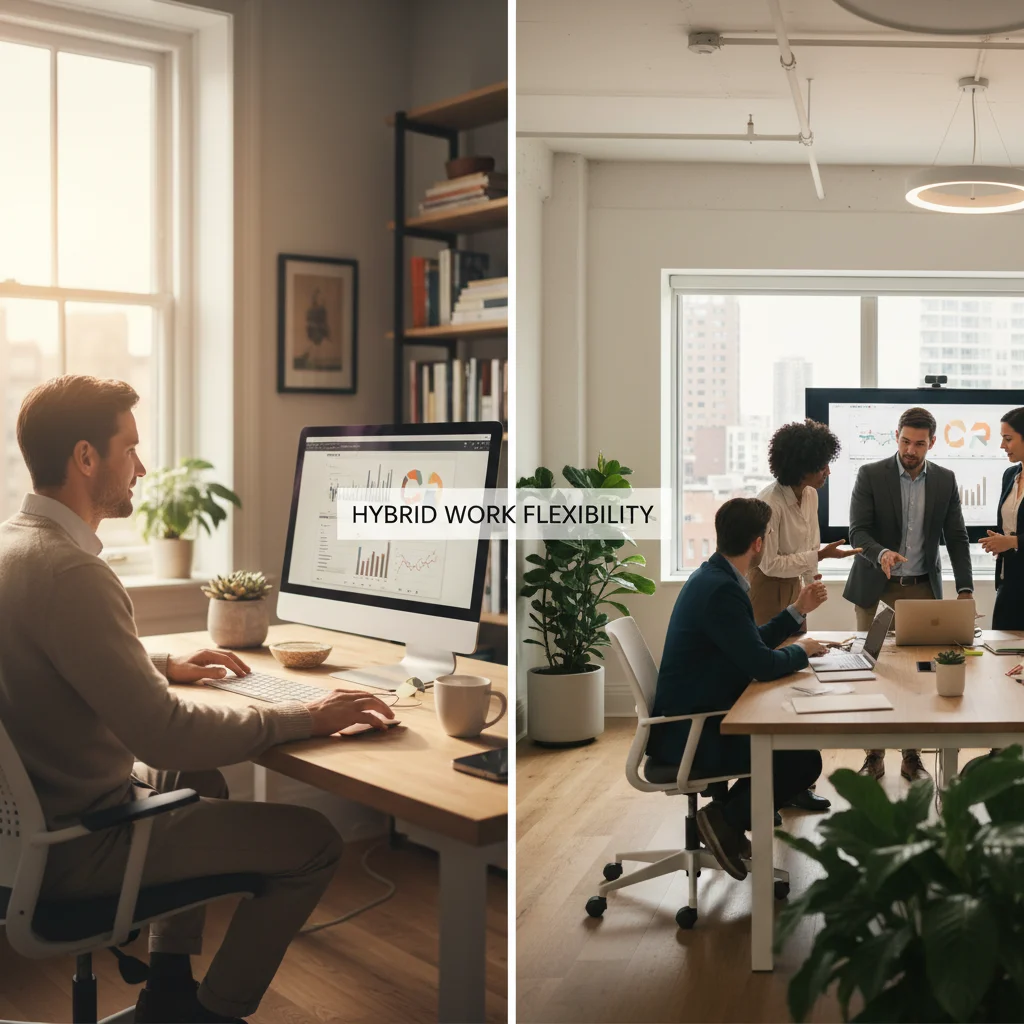 Split view of remote and in-office work setups highlighting hybrid flexibility.