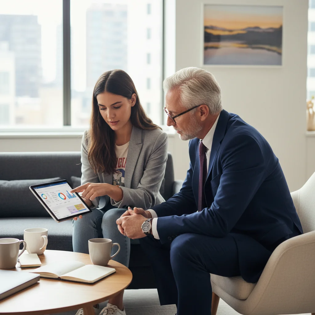 Younger employee teaching an older executive about technology in a reverse mentoring session.