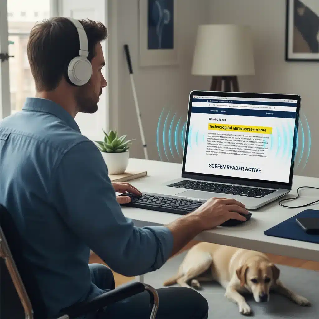 Visually impaired user interacting with a screen reader on an accessible website.