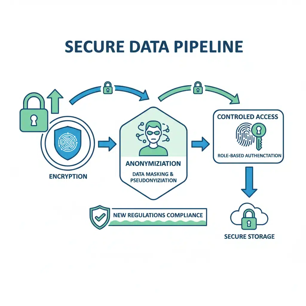 Infographic showing secure data flow, encryption, and anonymization for regulatory compliance.