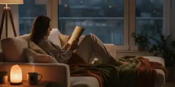 Reclaiming Your Evening: Insider Knowledge for a Relaxing Post-Work Routine in 2026. Serene living room with person relaxing after work, reading a book.