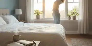 Person stretching in a serene bedroom, symbolizing a peaceful and productive morning routine.