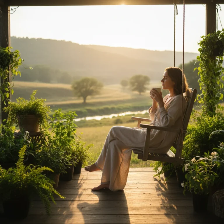 Person enjoying a quiet moment on a porch, embracing slow living principles.