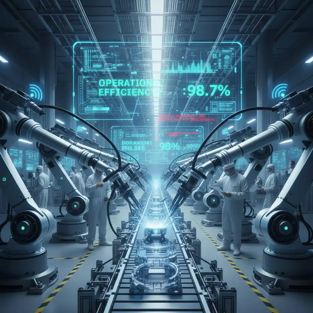 Smart factory robots connected by 5G, displaying real-time data on holographic screens.