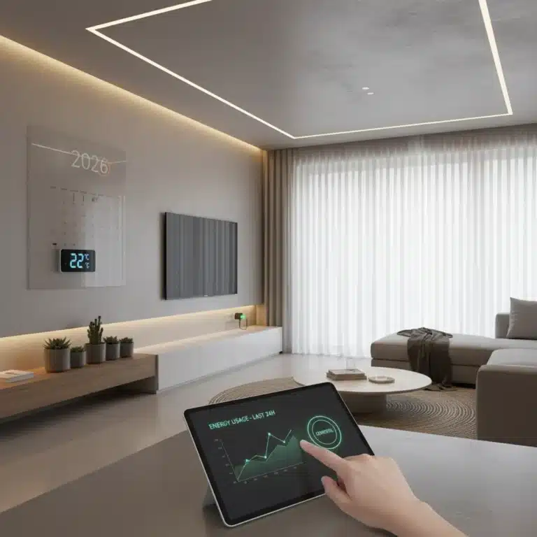 Smart home devices optimizing energy use in a modern living room.