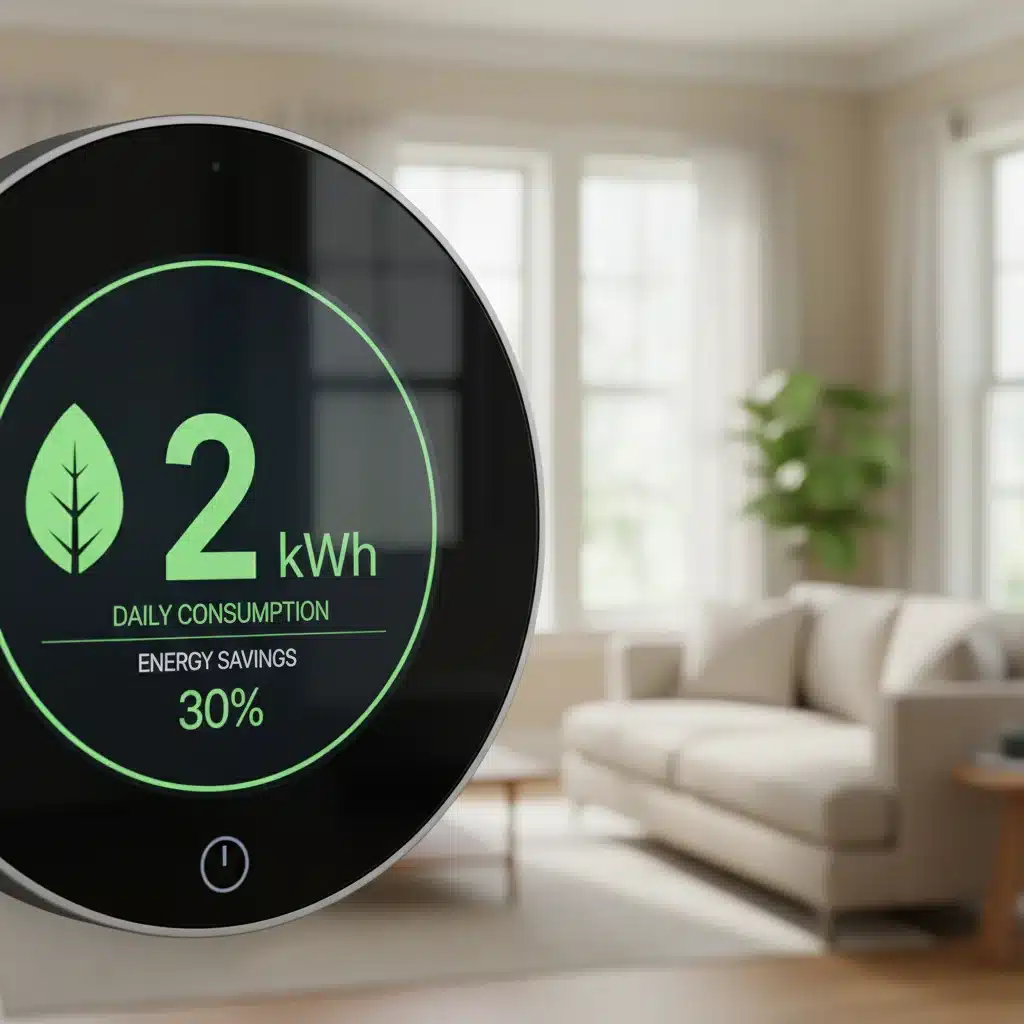 Smart thermostat showing energy savings in a home.