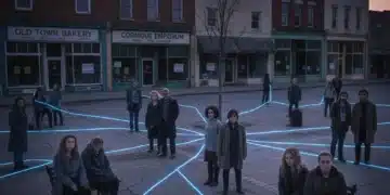Social Fragmentation: Economic Impact on Local Commerce by 2026 Abstract representation of social fragmentation affecting local businesses in a town square.
