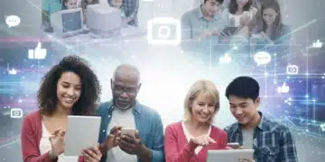 Diverse individuals engaging with social media on devices, representing evolving US adult habits