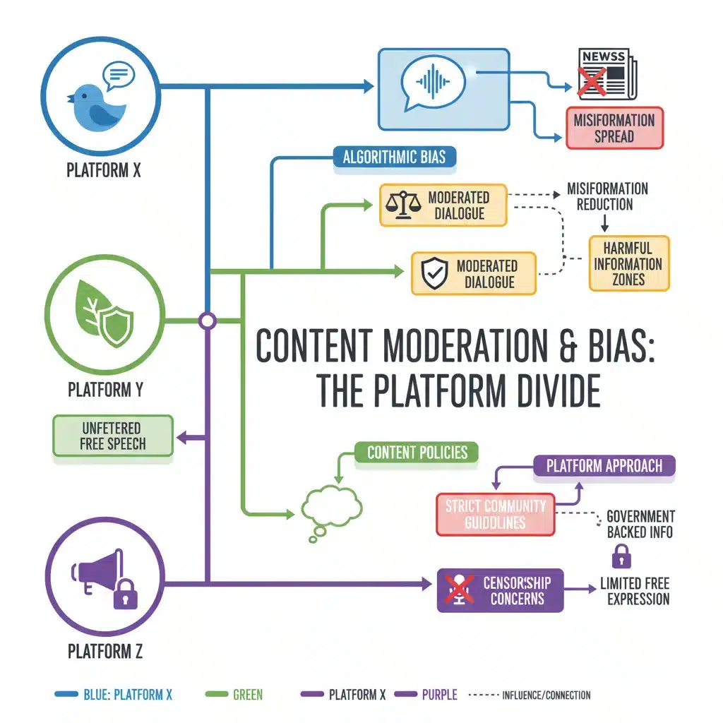 Infographic comparing social media content moderation and algorithmic biases