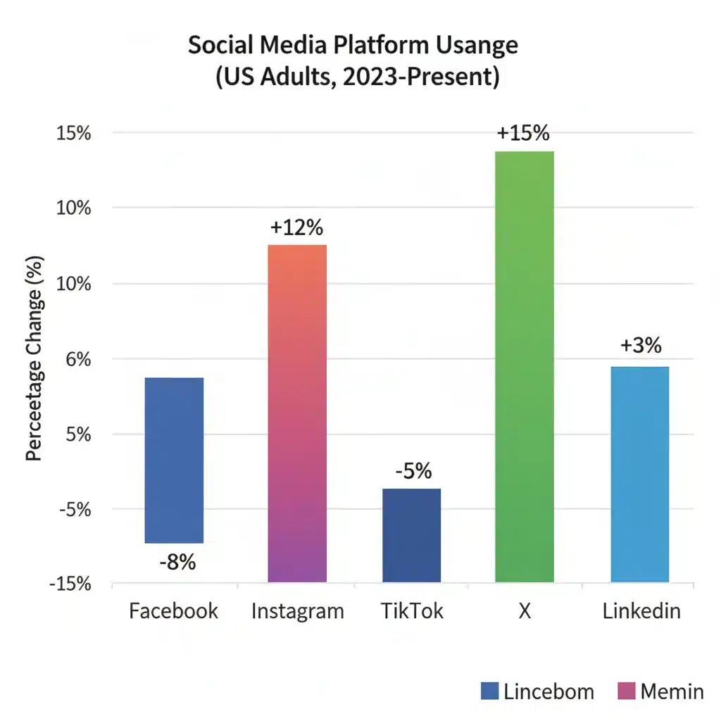 Bar chart showing percentage change in social media platform usage among US adults from 2023