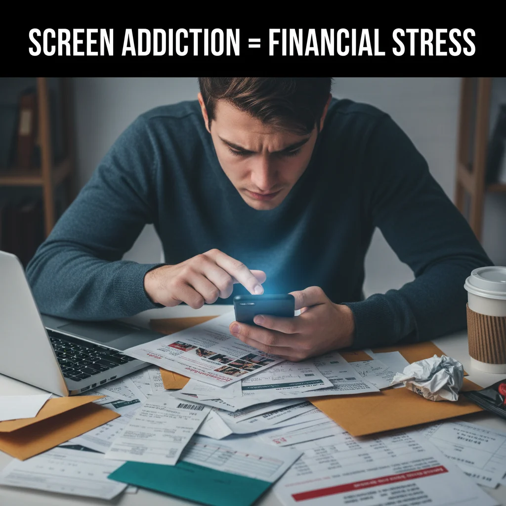 Stressed person scrolling phone with bills, financial impact of connectivity