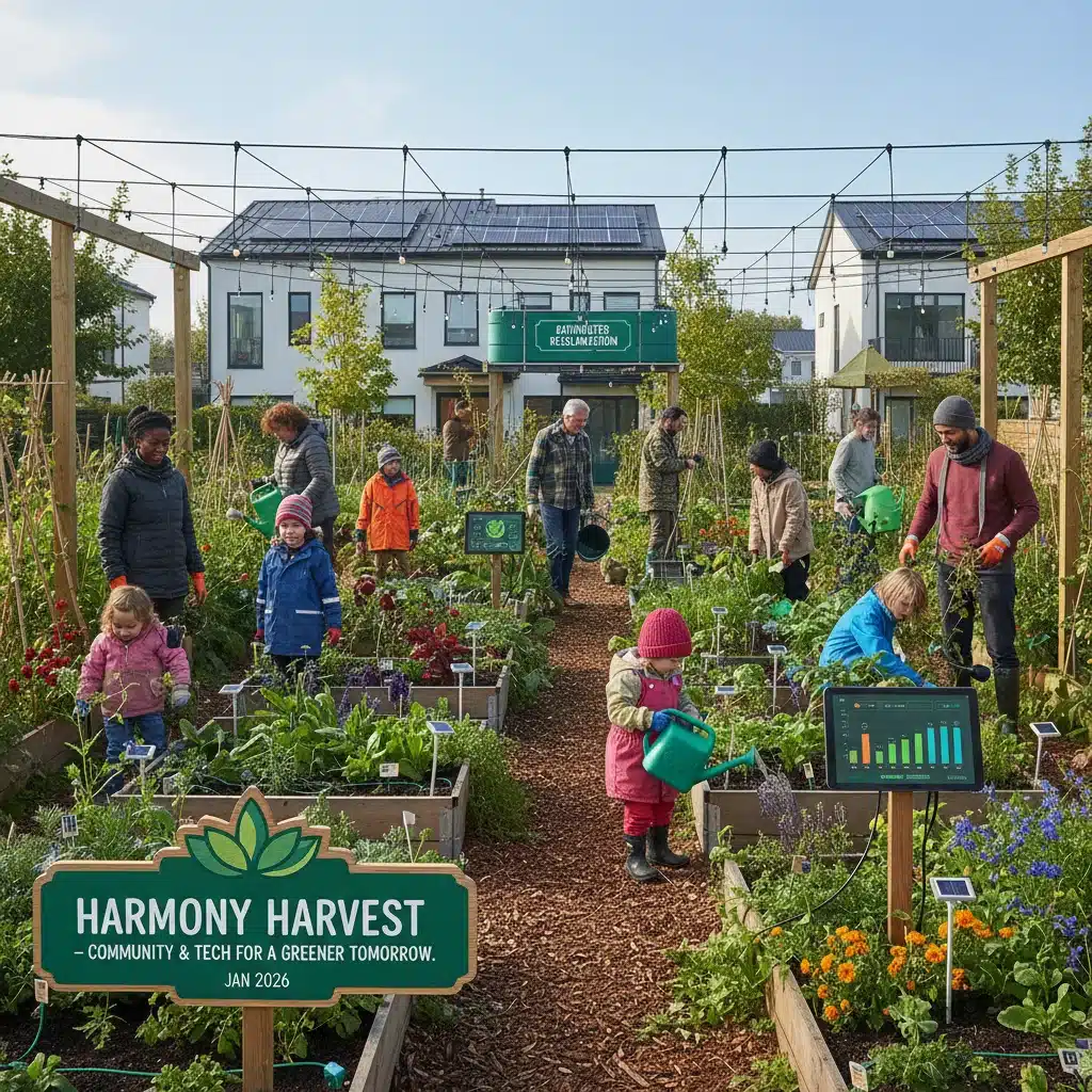 Community garden with smart technology and diverse participants, highlighting sustainable development in 2026.
